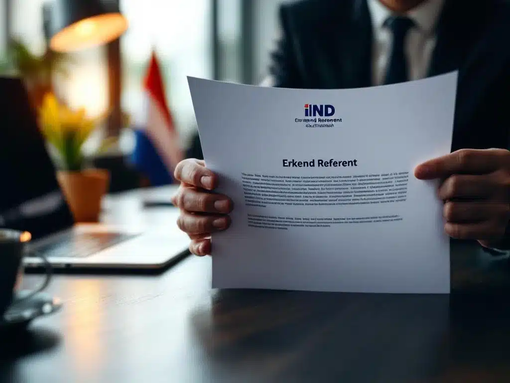 Handen houden IND document met Erkend Referent stempel op bureau met Nederlandse vlag op achtergrond