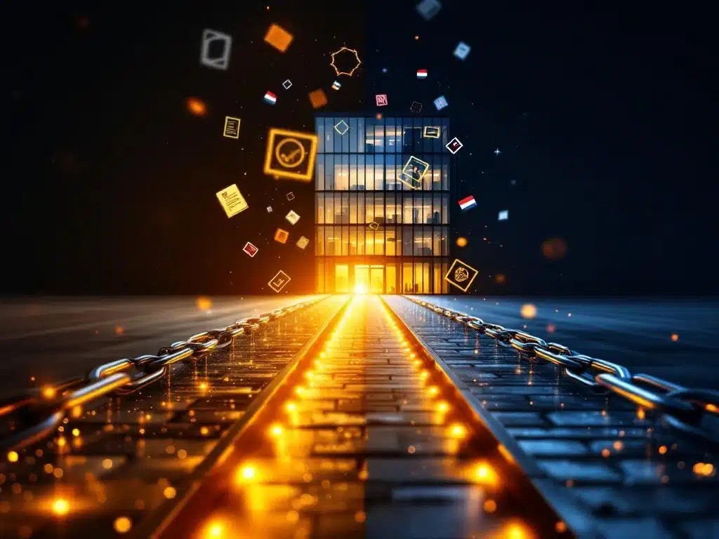 Twee verlichte paden leiden naar modern Eastwing kantoorgebouw, links officiële documenten, rechts handdruk symbolen