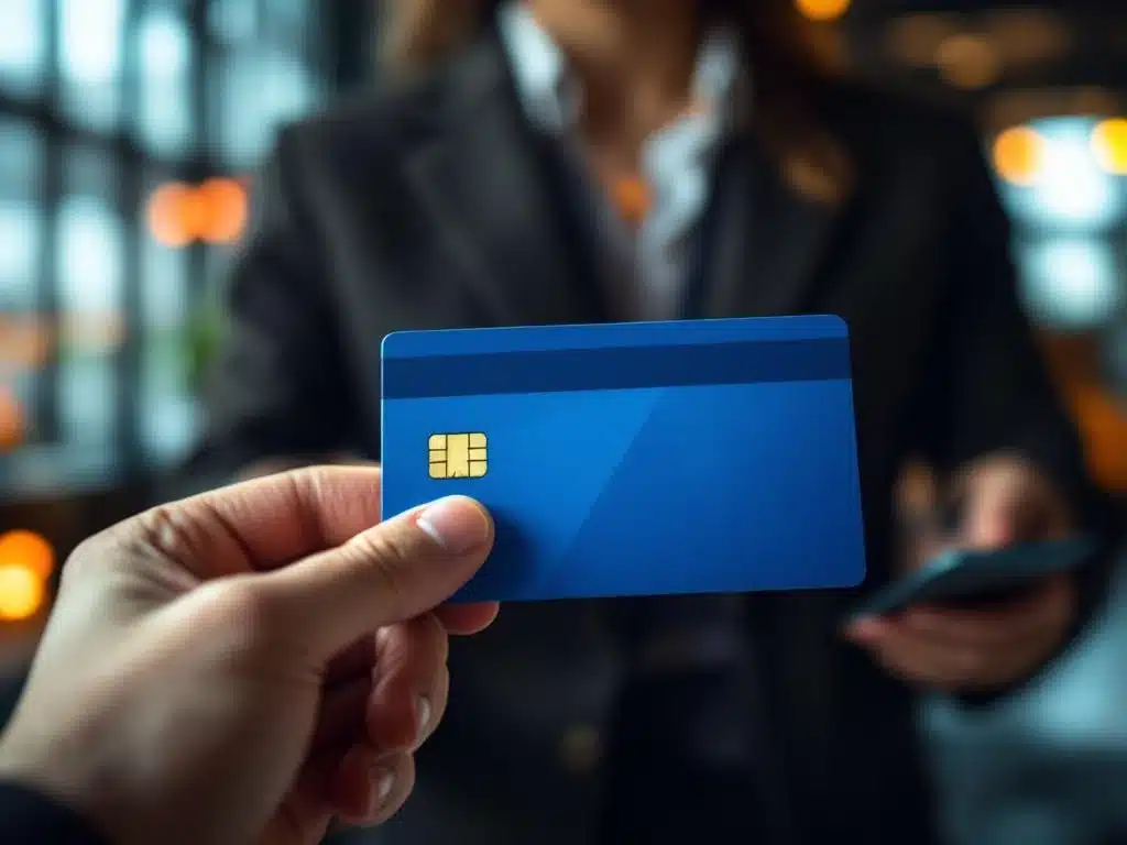 Handen houden EU Blue Card document met gouden sterren, Nederlandse kantooromgeving op achtergrond