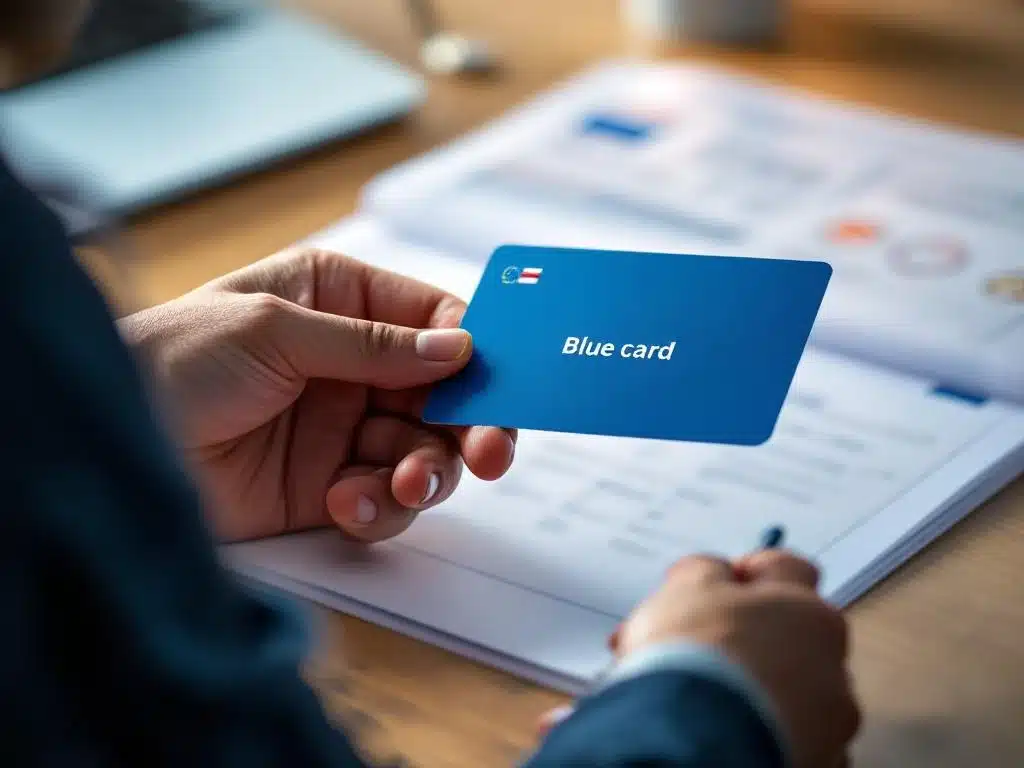 Handen die EU Blue Card vasthouden met Nederlandse administratieve documenten en stempels op bureau