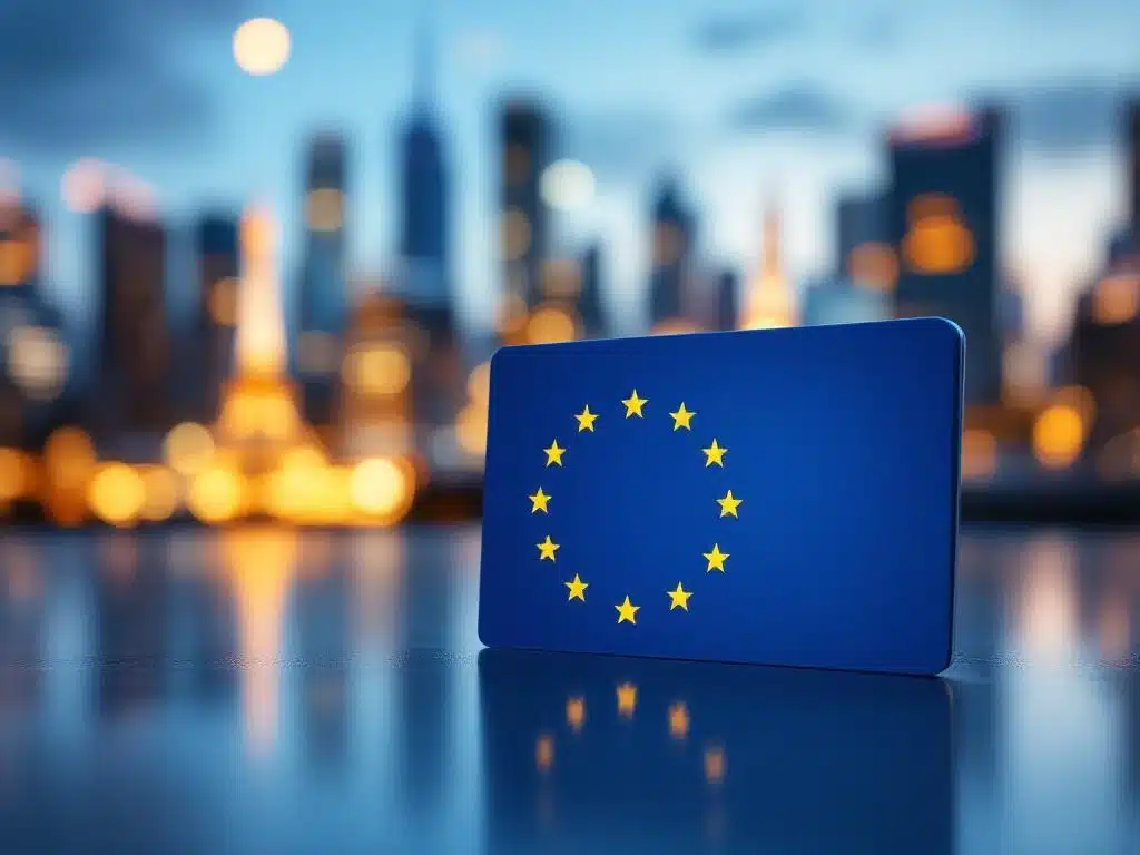 EU Blue Card op modern bureau met Europese bezienswaardigheden op achtergrond, professionele verlichting