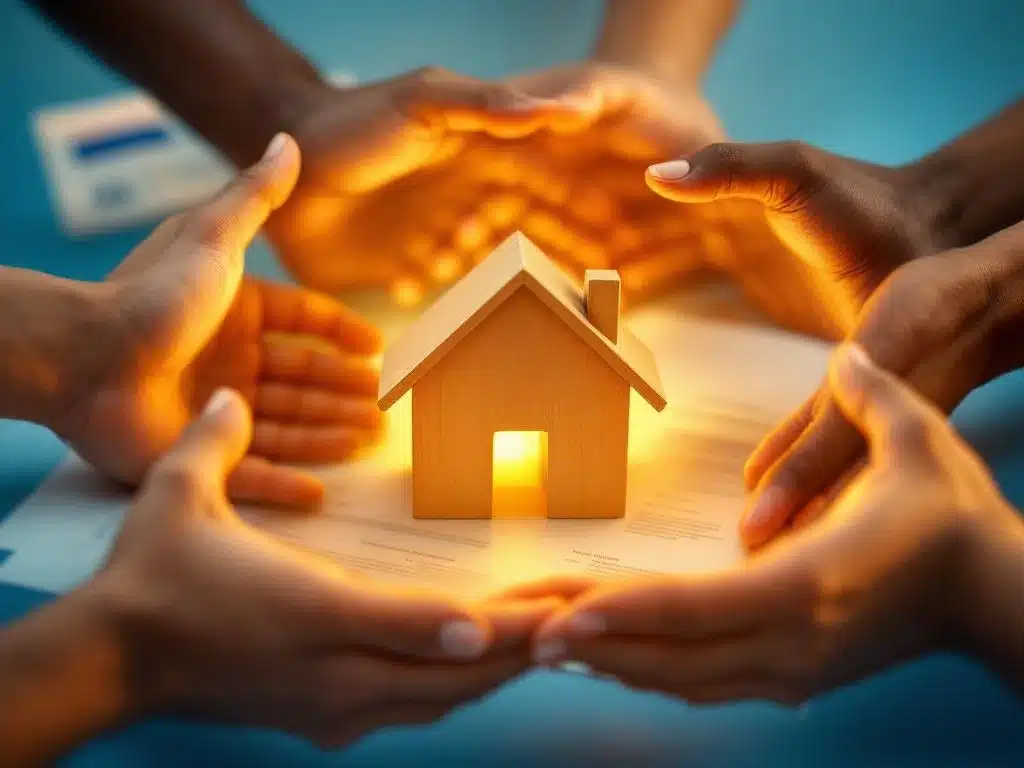 Diverse handen beschermen houten huismodel in cirkel, symboliseert familie-eenheid met Nederlandse vlag op achtergrond