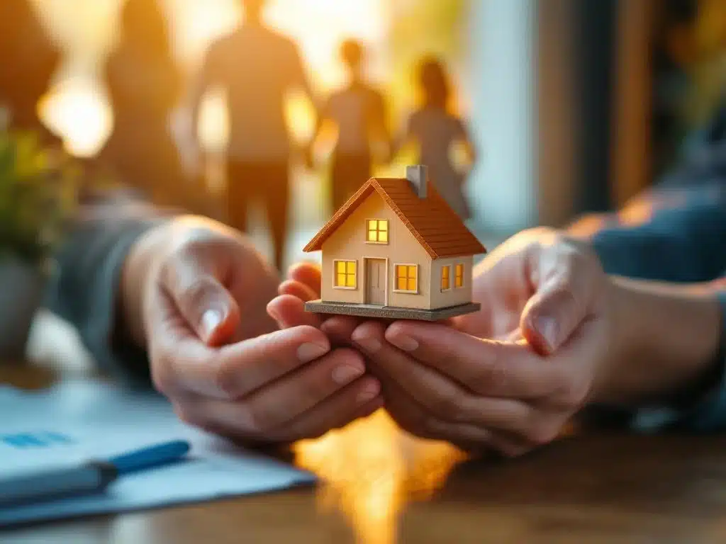 Twee handen houden beschermend een miniatuur huis vast met familie silhouetten op achtergrond, warme verlichting
