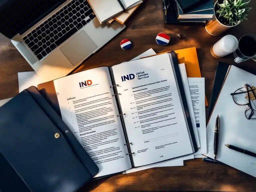 Bureaucratisch bureau met IND-documenten, laptop met digitaal formulier, pen en Nederlandse vlag vanuit bovenaanzicht