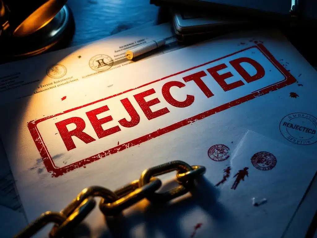 Immigratiedocumenten met rode "AFGEWEZEN" stempel op donkere houten bureau, gebroken ketting symboliseert verlies erkenning