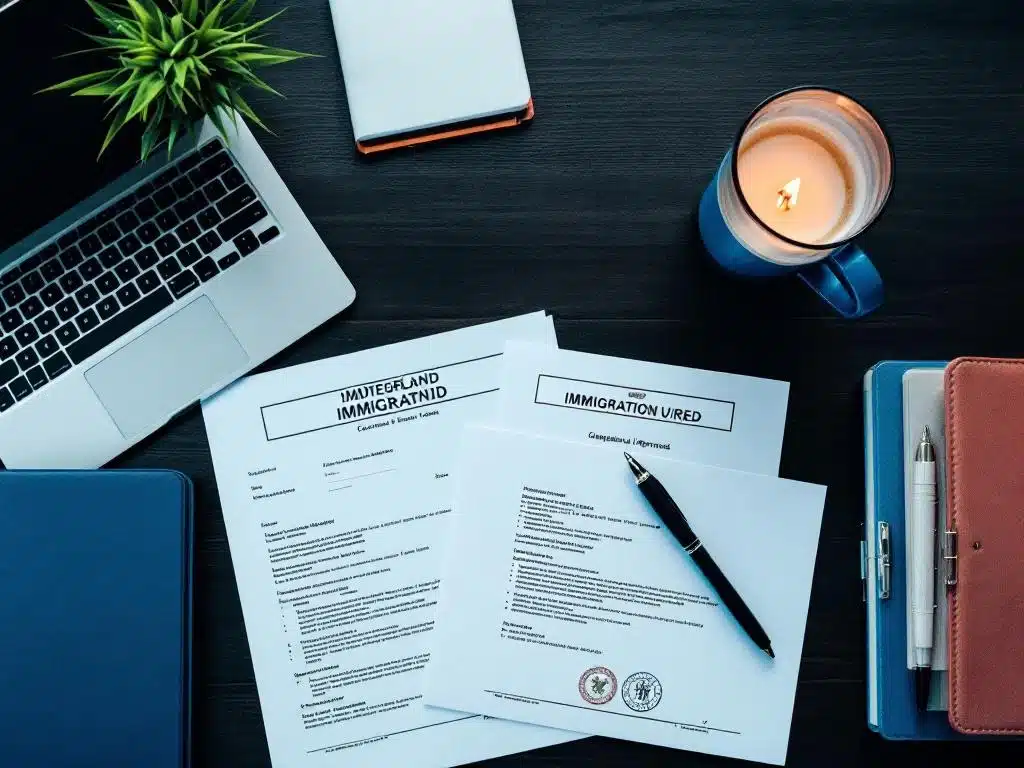 Professioneel bureau met immigratiepapieren, laptop met overheidsformulieren en goedgekeurde documenten op donker hout