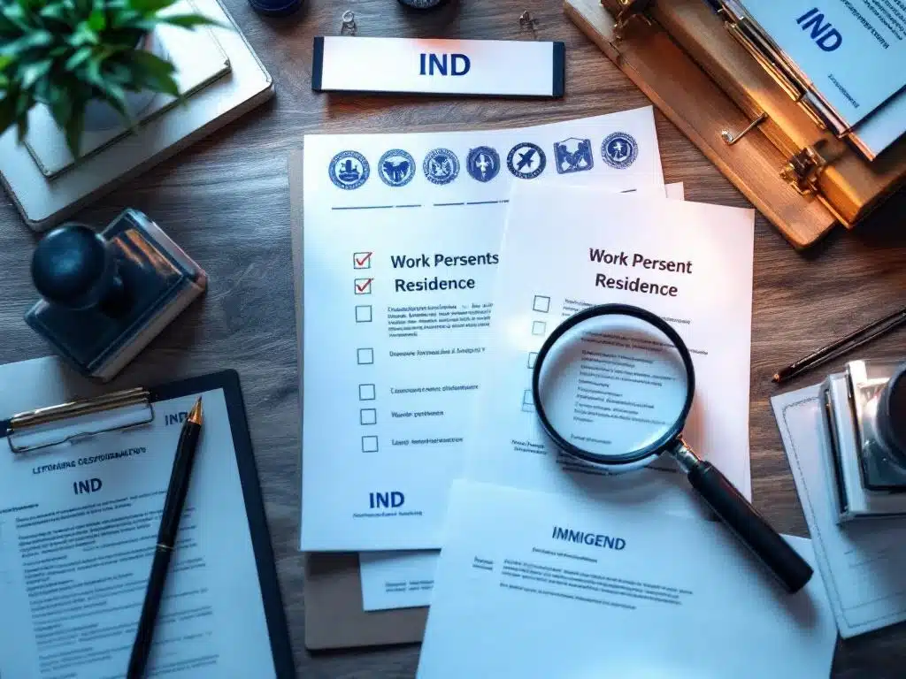 Bovenaanzicht van georganiseerde IND immigratiedocumenten op professioneel bureau met vergrootglas en officiële stempels