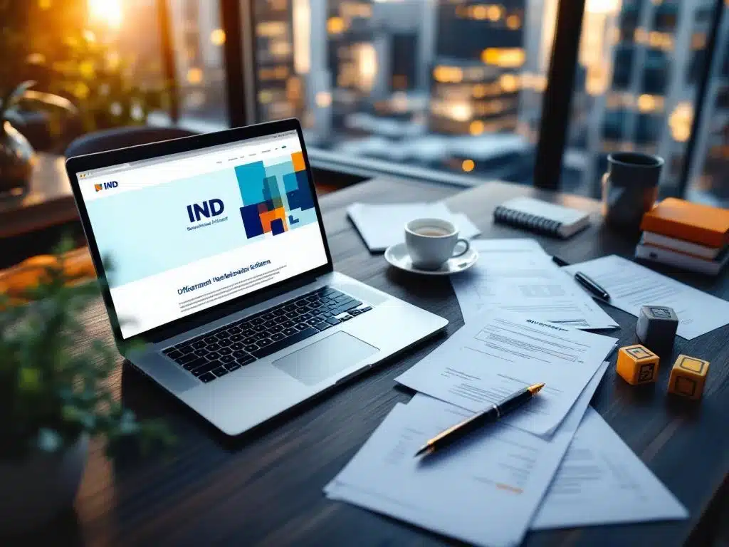 Bovenaanzicht van bureau met Nederlandse IND-documenten, laptop met overheidswebsite, stempels en koffie in Amsterdam kantoor