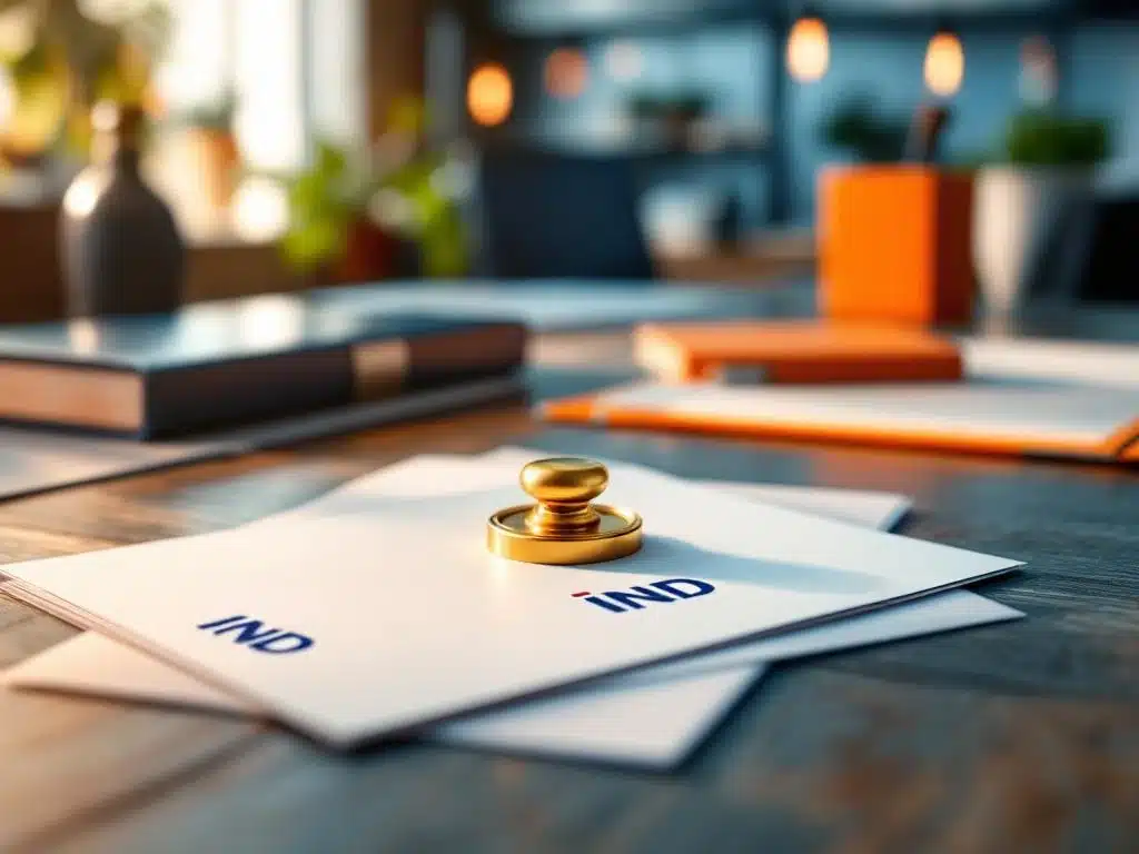 Professioneel bureau met IND documenten en gouden stempel op houten tafel, Nederlandse overheidslogo's zichtbaar