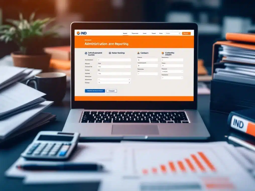 Bureau met Nederlandse IND documenten, laptop met digitaal rapportage-interface en georganiseerde administratieve mappen