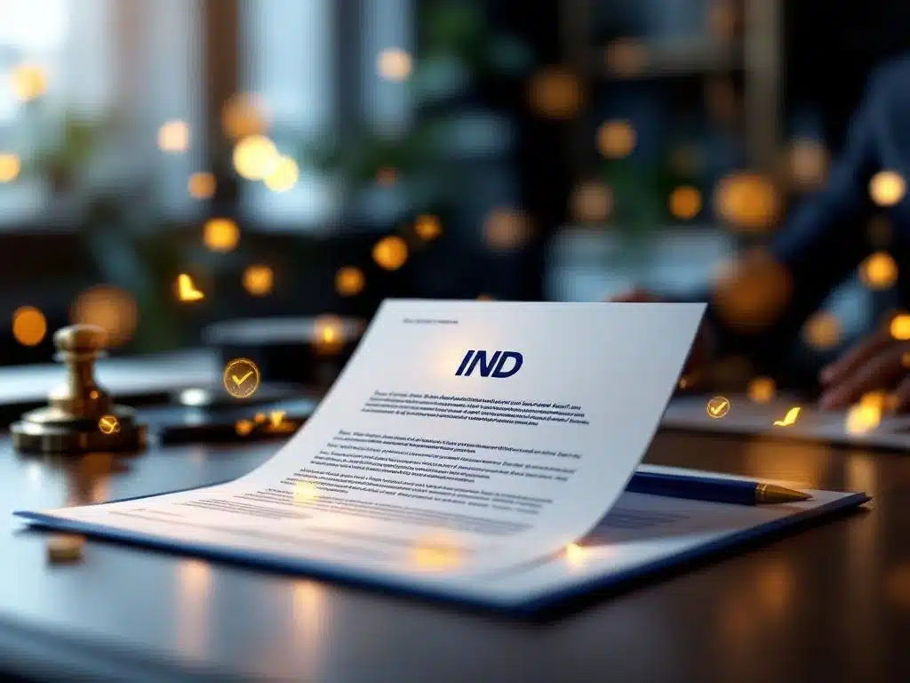 IND document met gouden vinkjes op professioneel bureau, symboliseert goedgekeurde erkend referent aanvraag