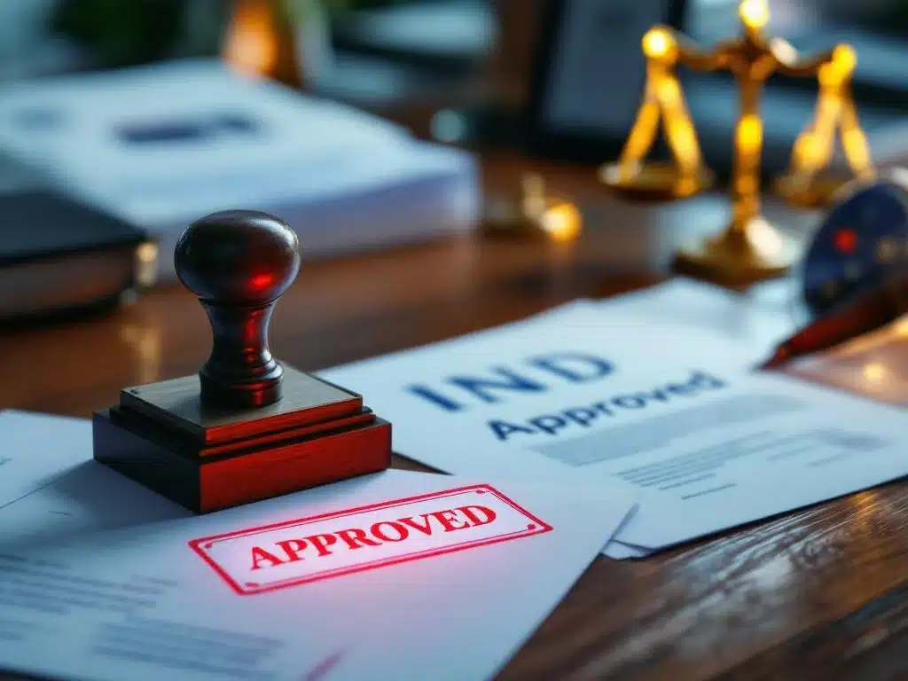 Rood "GOEDGEKEURD" stempel op Nederlandse IND documenten met gouden weegschaal op houten bureau