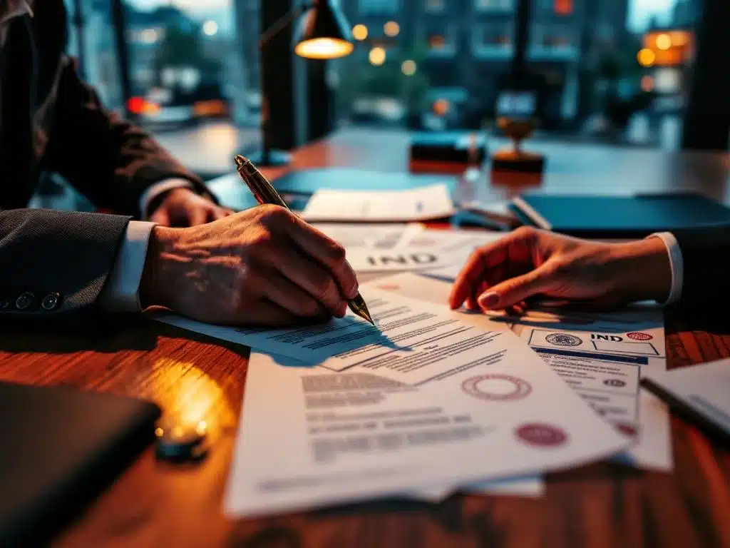 Professionele handen boven IND immigratiedocumenten op bureau met stempels, gouden pen en Nederlandse vlag op achtergrond