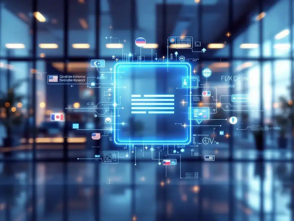 Digitaal certificaat met blauwe gloed voor internationale kantoorgebouw met vlaggen, symboliseert wereldwijde mobiliteit