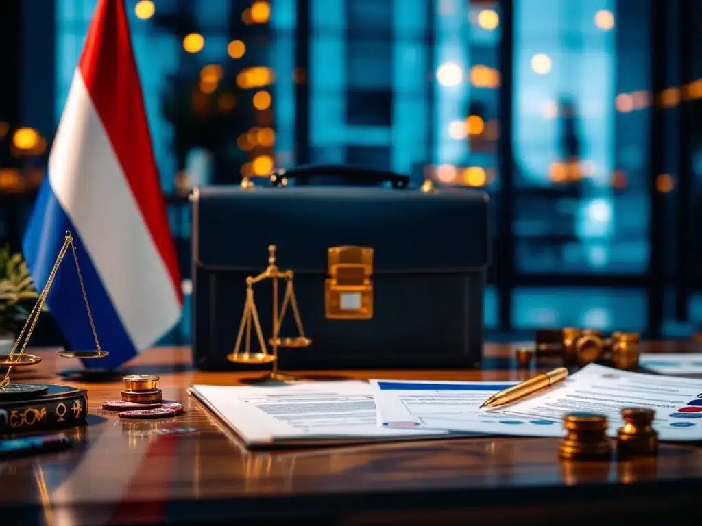 Nederlandse vlag op bureau met officiële documenten, juridische weegschaal en bedrijfsgebouw op achtergrond