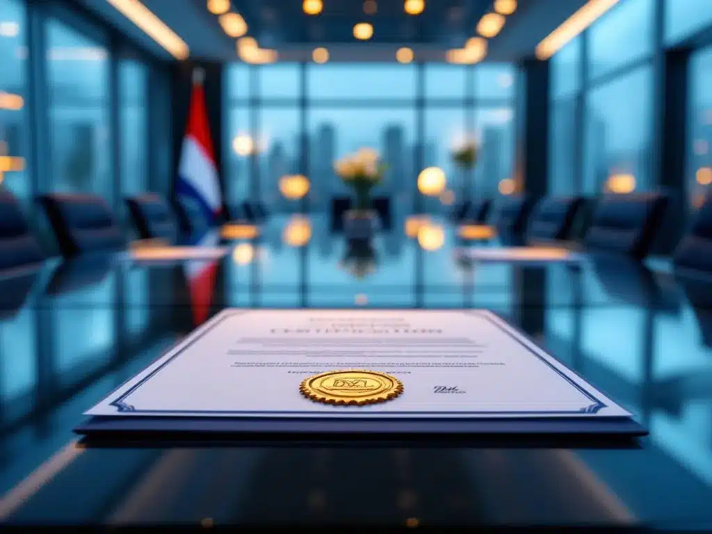Gouden zegel en officiële documenten op glazen vergadertafel in moderne boardroom met Nederlandse vlagkleuren