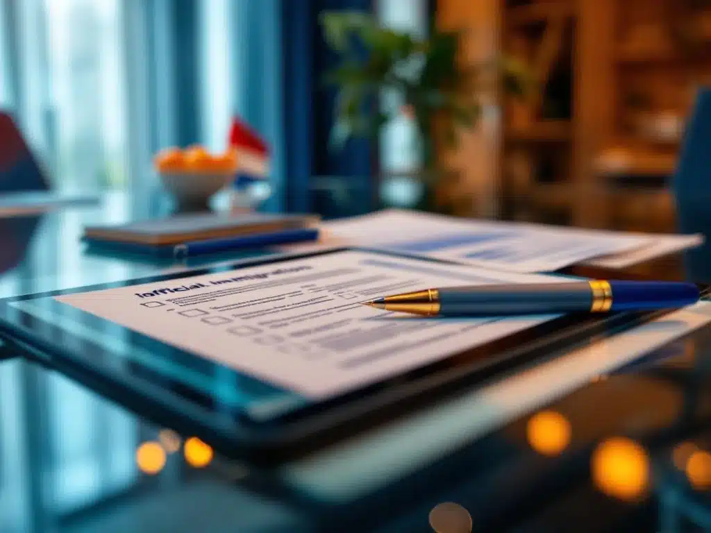 Nederlandse immigratiedocumenten en IND-papieren op moderne glazen conferentietafel met tablet en pen in kantoor