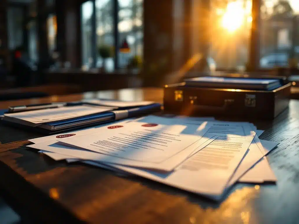 Professioneel bureau met Nederlandse vlag, immigratiedocumenten en officiële zegels in warm zonlicht