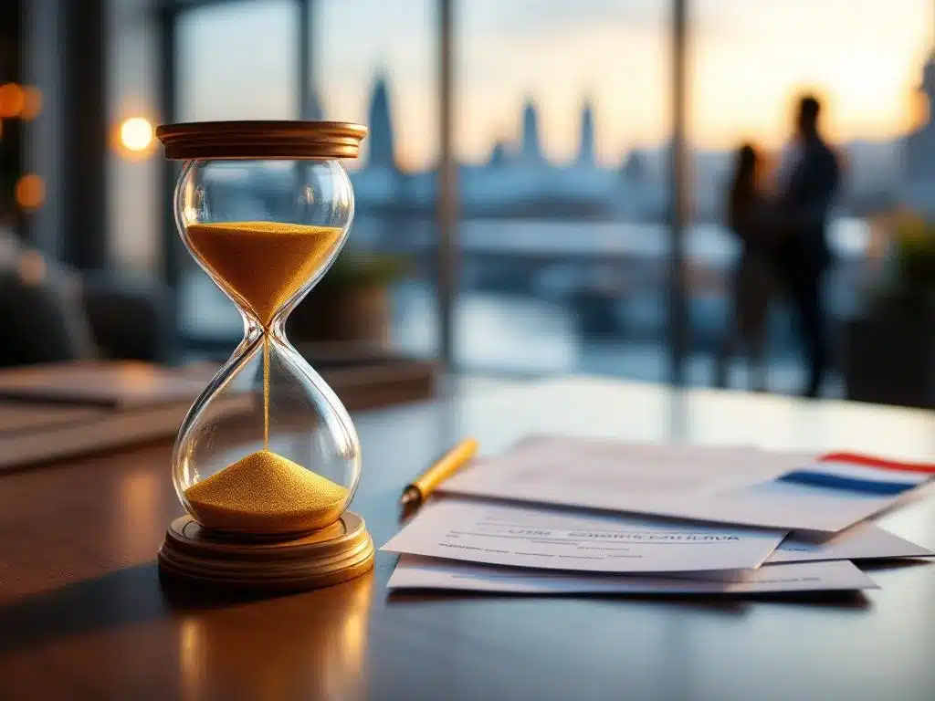 Zandloper met gouden zand op bureau naast Nederlandse immigratiedocumenten en vlag, familie silhouet bij vliegveld raam