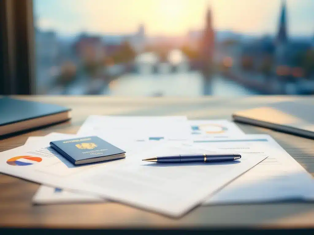 Nederlandse paspoort en IND-formulieren op houten bureau met pen, Amsterdam skyline op achtergrond