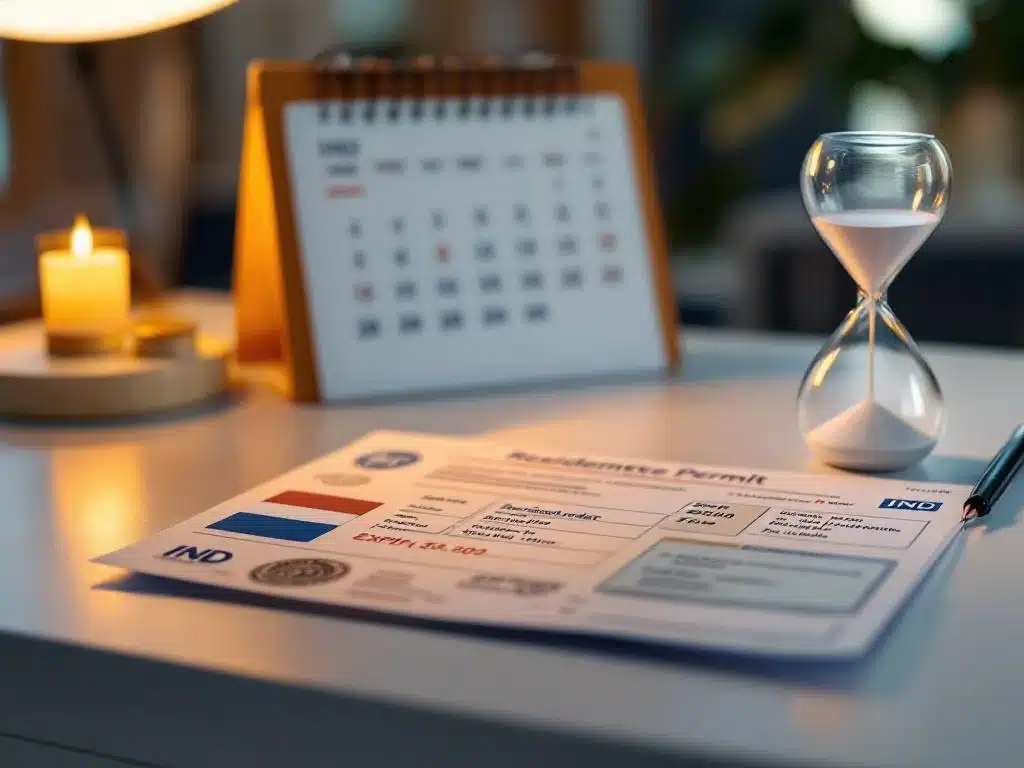 Nederlandse verblijfsvergunning van IND op wit bureau met zandloper en kalender met verloopdatums op achtergrond