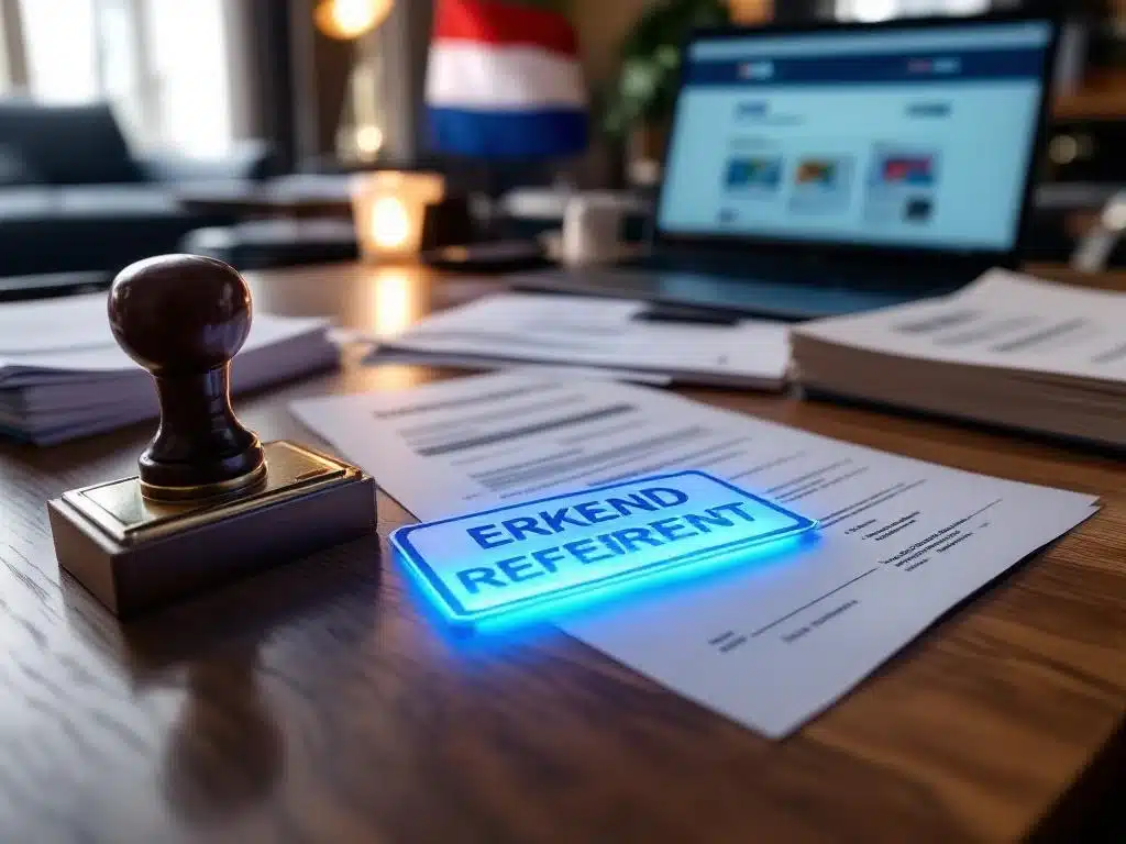 Nederlandse immigratiedocumenten op bureau met ERKEND REFERENT stempel, laptop met IND website en Nederlandse vlag