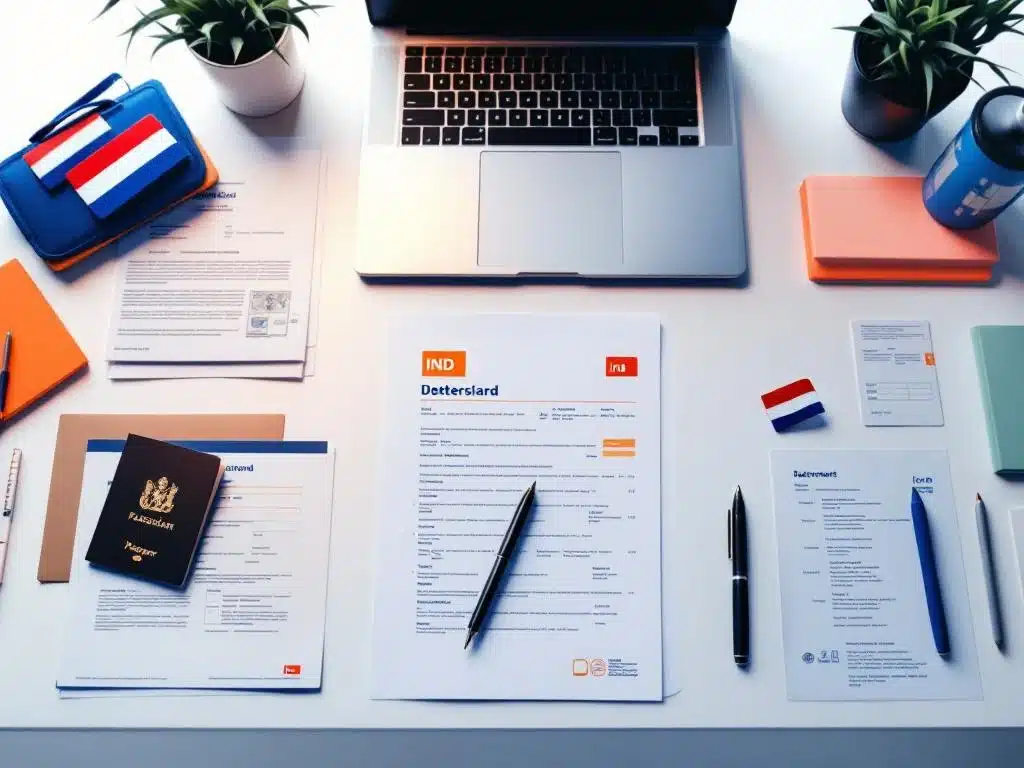 Nederlandse paspoorten en officiële documenten op wit bureau met laptop met IND-logo en Nederlandse vlag op scherm