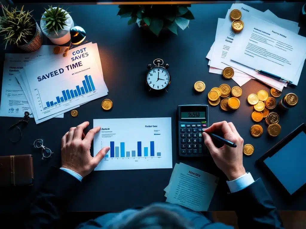 Moderne bureautafel met Nederlandse werkvergunningdocumenten, stopwatch, calculator en gouden munten voor HR-efficiëntie