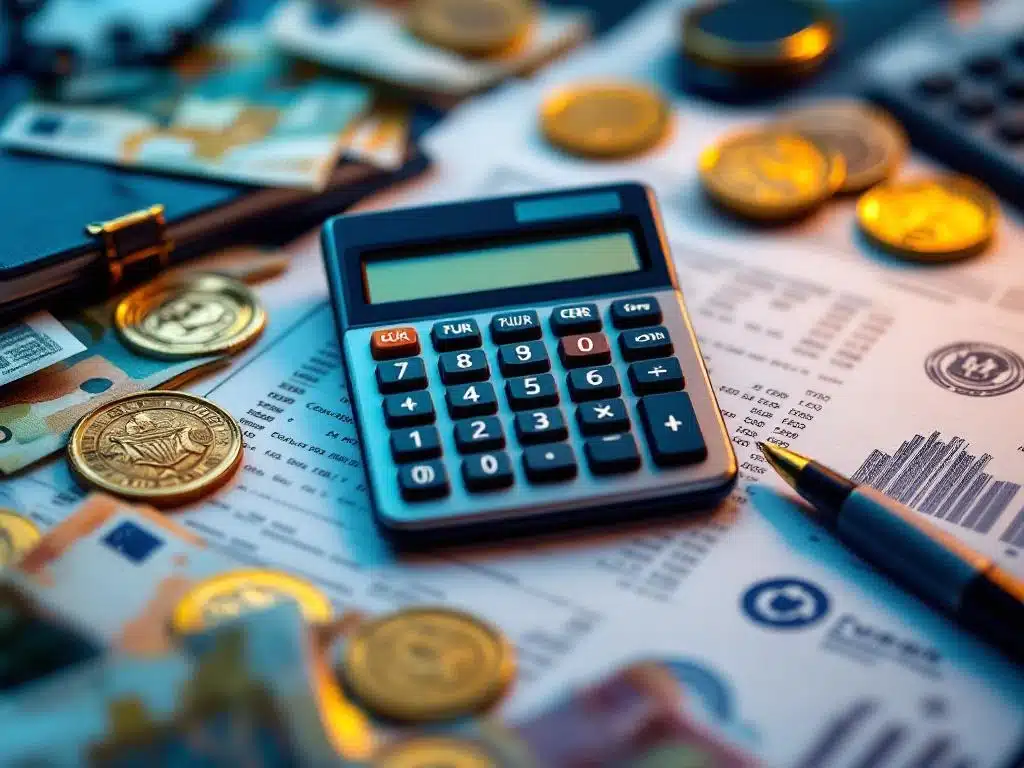 Calculator omgeven door euro bankbiljetten en officiële overheidsdocumenten met stempels voor financiële planning