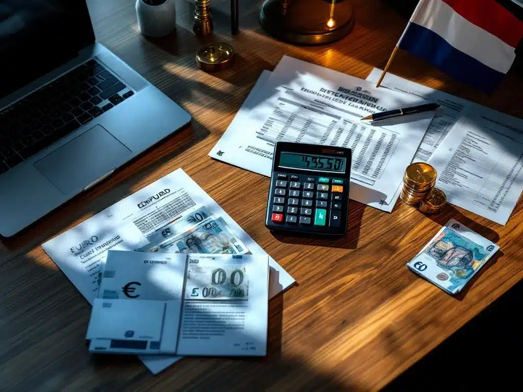 Moderne bureauopstelling met calculator, eurobankbiljetten, Nederlandse overheidsdocumenten en laptop met spreadsheetgegevens