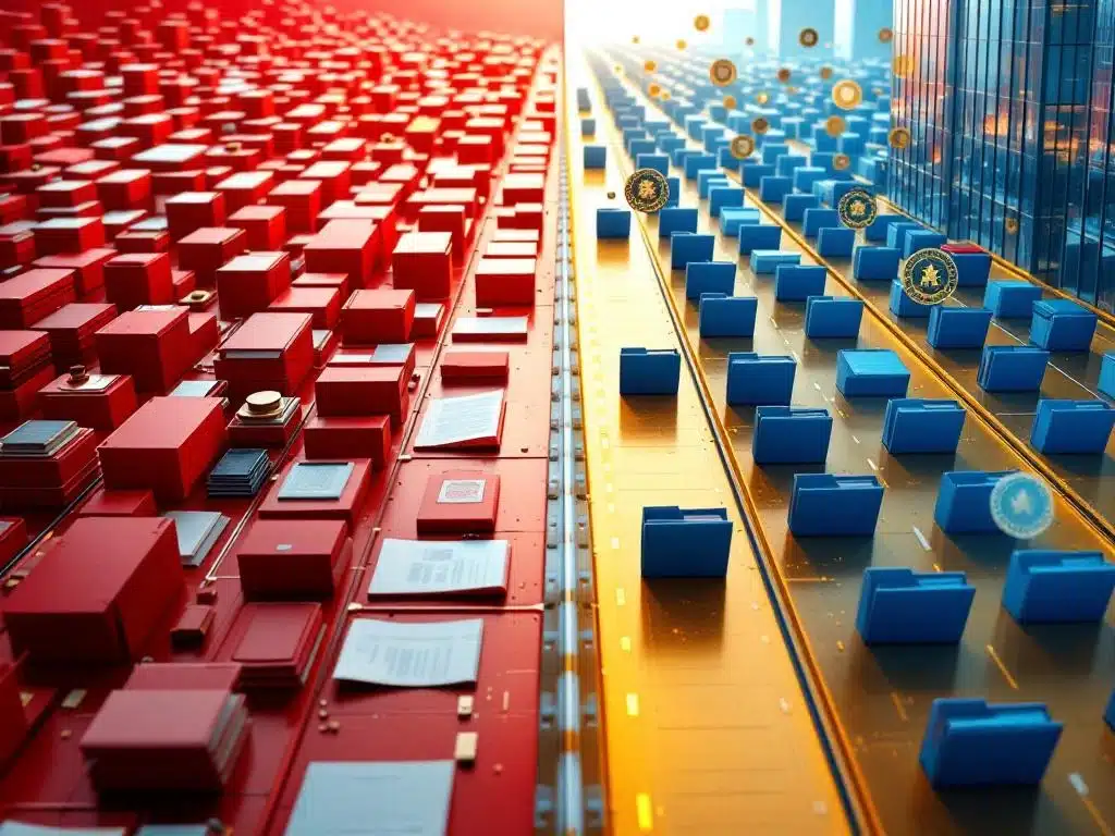 Vergelijking tussen complexe rode bureaucratische doolhof en gestroomlijnde gouden snelweg naar modern kantoorgebouw