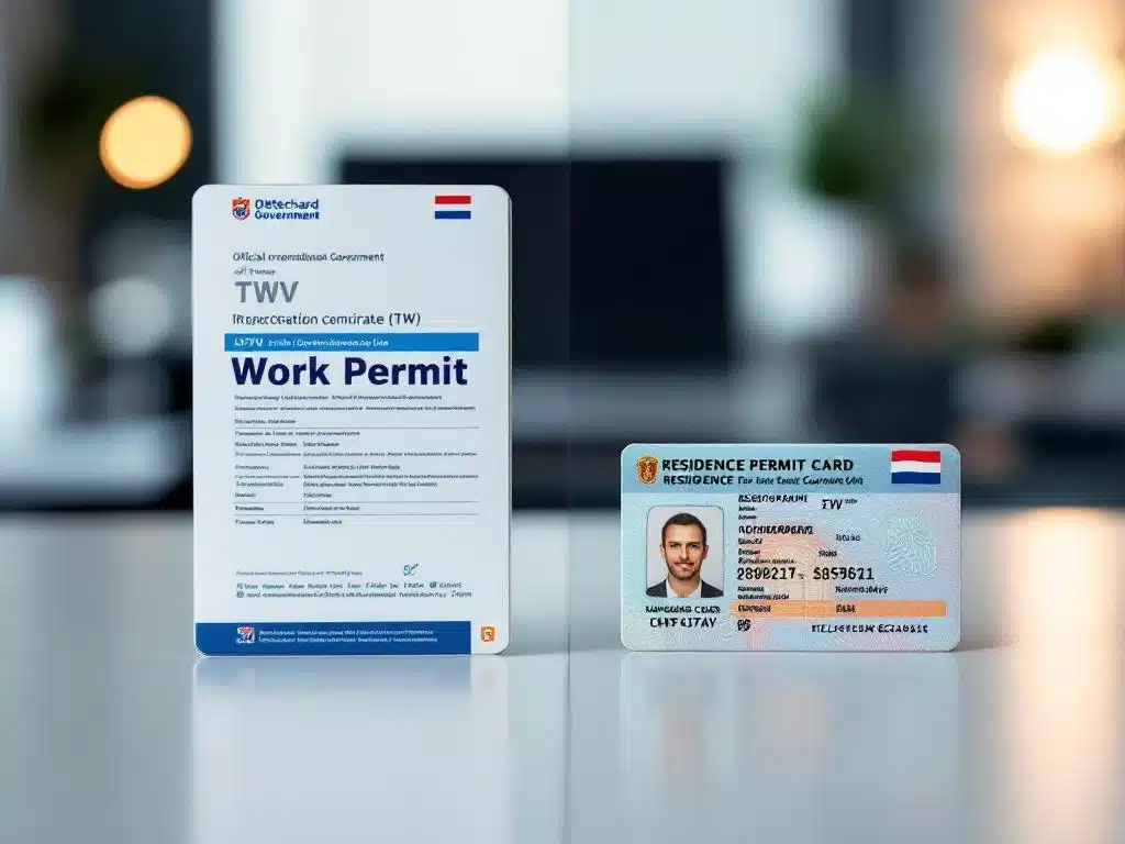 Nederlandse werkvergunning en verblijfsvergunning documenten naast elkaar op bureau met Nederlandse vlagkleuren
