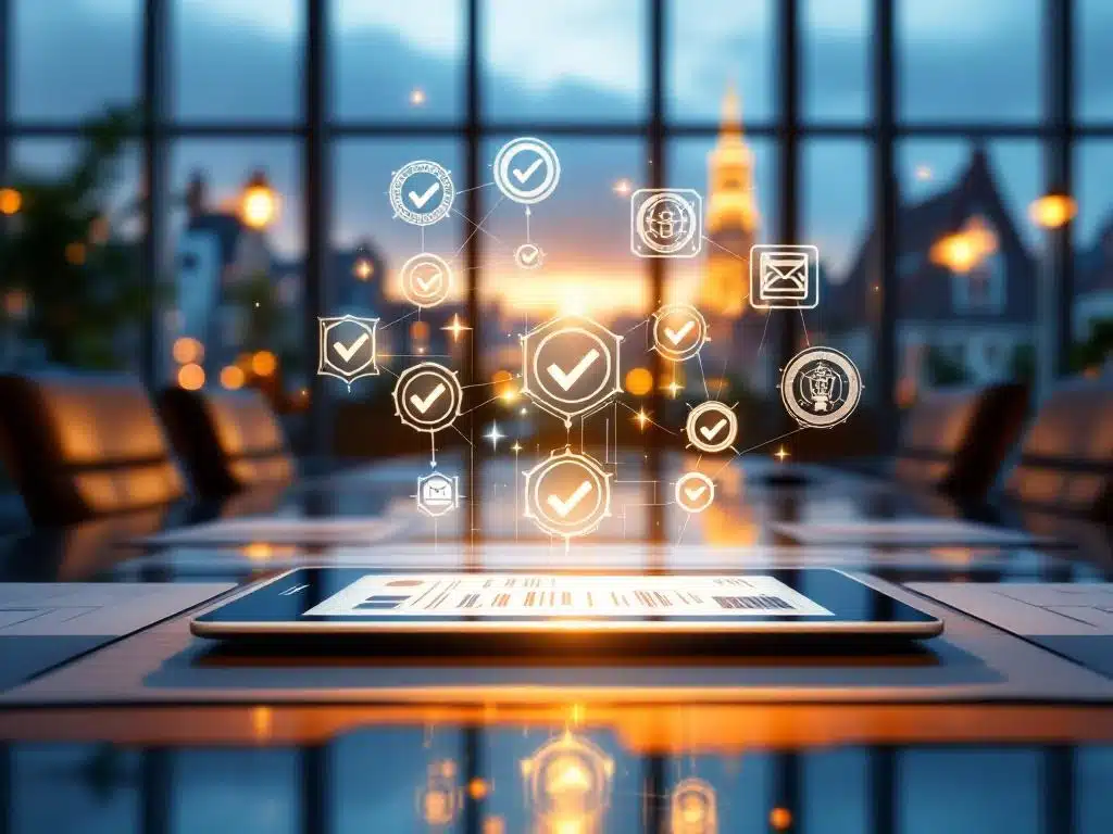 Digitale tablet met goedkeuringssymbolen op glazen conferentietafel met visa-documenten en Nederlandse stadsgezicht