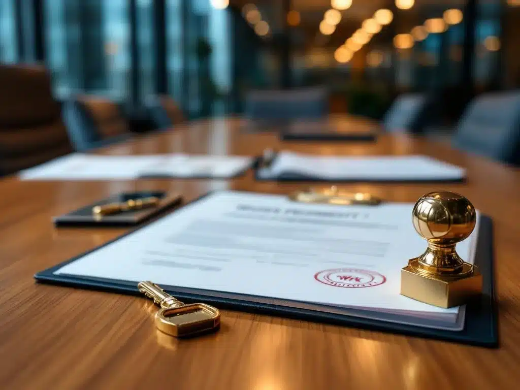 Gouden sleutel naast werkvergunning documenten op houten vergadertafel in modern kantoor met professionele verlichting