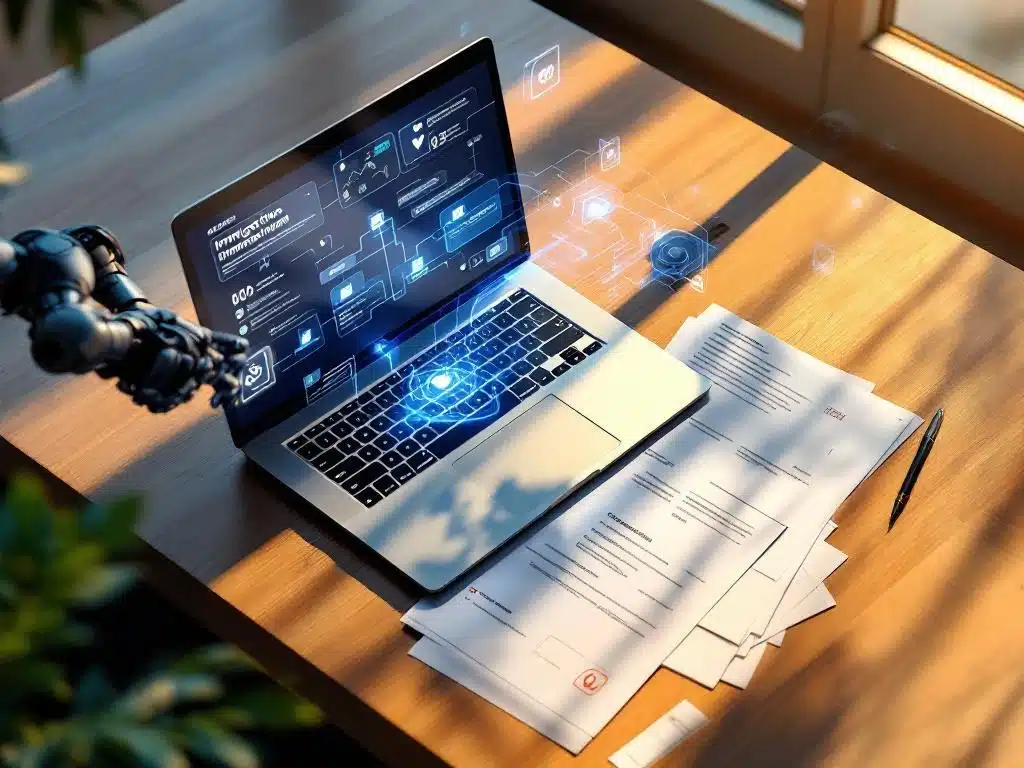 Modern bureau met laptop die digitale workflow toont, Nederlandse immigratiedocumenten en robotarm voor geautomatiseerde verwerking