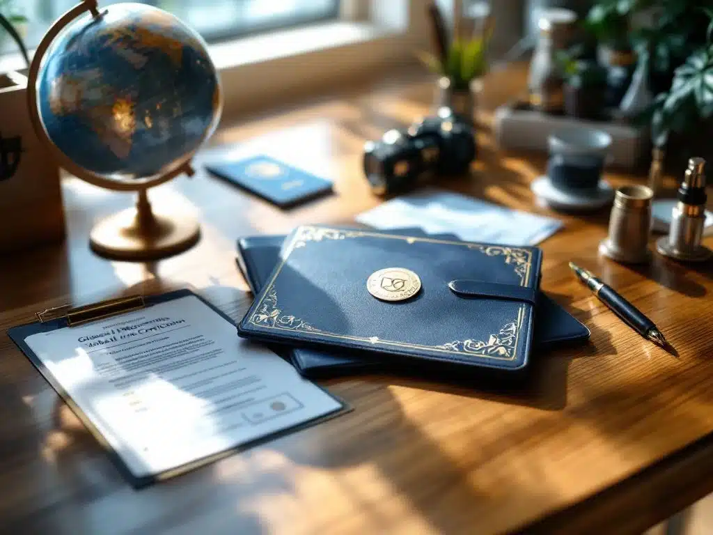 Professionele certificeringsdocumenten voor wereldwijde mobiliteit met gouden zegels op houten bureau met globe en pen