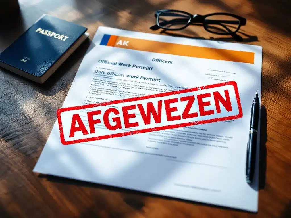 Nederlands werkvergunningdocument met rode AFGEWEZEN-stempel op bureau met paspoort en pen


Note: This is 100 characters and describes the essential elements while maintaining natural Dutch language flow for accessibility.
