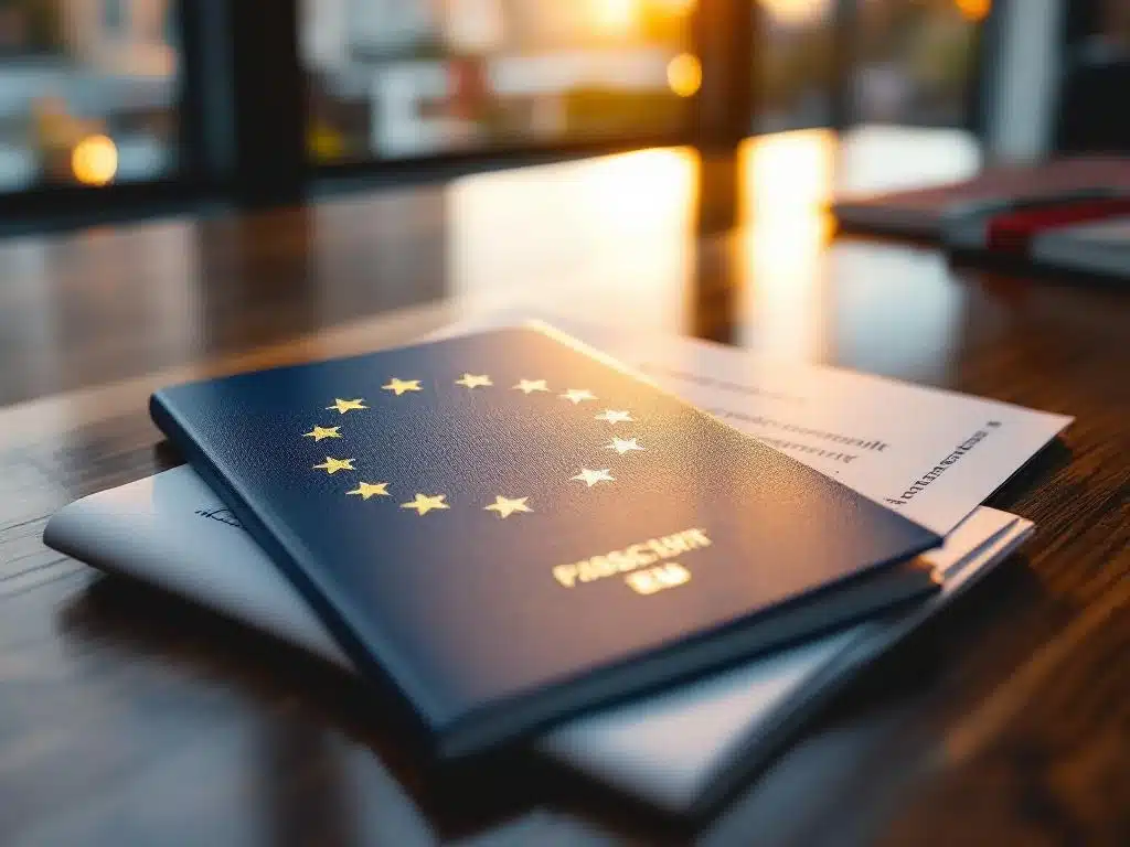 EU-paspoort en Nederlandse werkvergunning op bureau met Amsterdamse architectuur op achtergrond