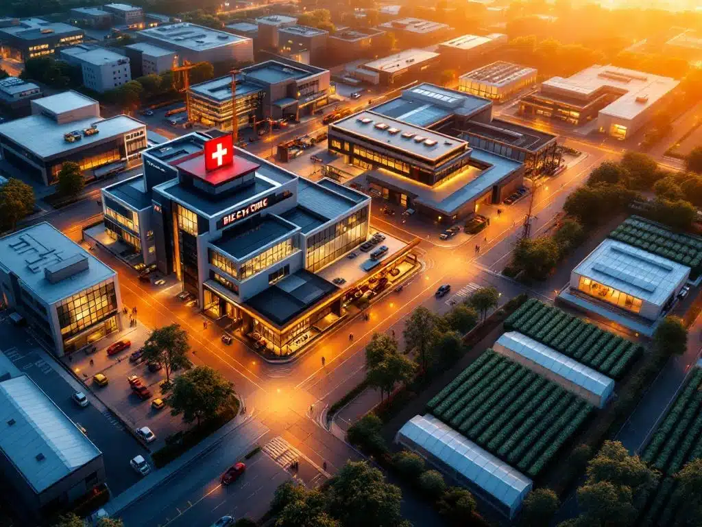 Luchtfoto van verbonden industriële sectoren: ziekenhuis, technologiebedrijf, bouwplaats, restaurant en kassen met werkvergunningen


Note: This alt text is 124 characters and describes the aerial view of connected industrial sectors including hospital, tech company, construction site, restaurant and greenhouses with work permits.