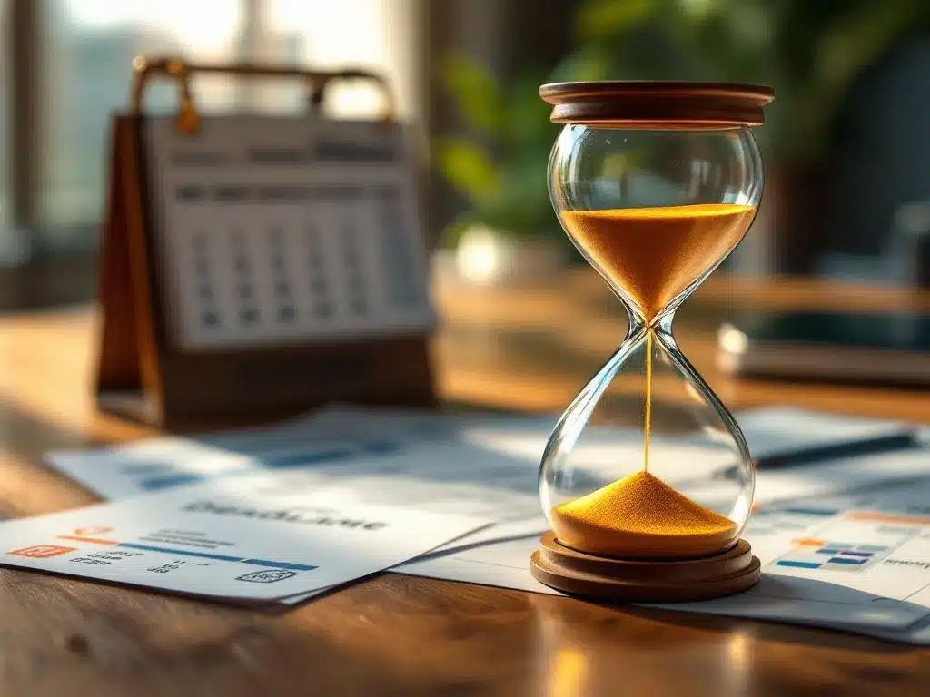 Zandloper met gouden zand naast Nederlandse immigratiedocumenten en kalender op houten bureau