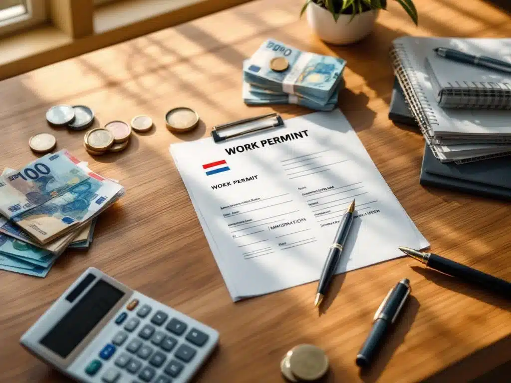 Nederlands werkvergunningdocument op bureau met eurobankbiljetten, munten, rekenmachine en immigratieformulieren


---

Note: The alt text is 121 characters and focuses on the most important elements while maintaining natural language flow in Dutch.