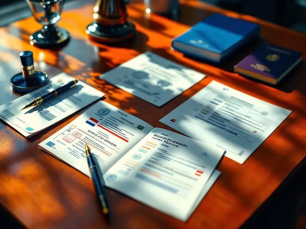 Nederlandse werkvergunning en paspoort met officiële stempels op houten bureau met vlag en pen