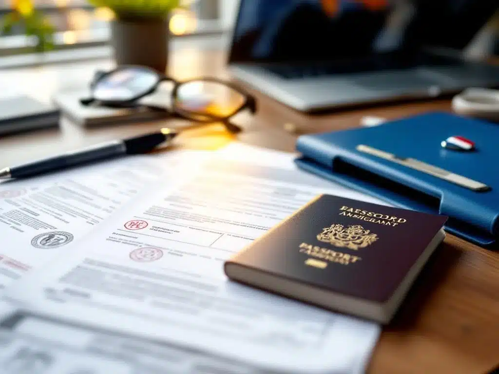 Open paspoort en Nederlandse immigratiedocumenten met stempels op bureau met laptop op achtergrond