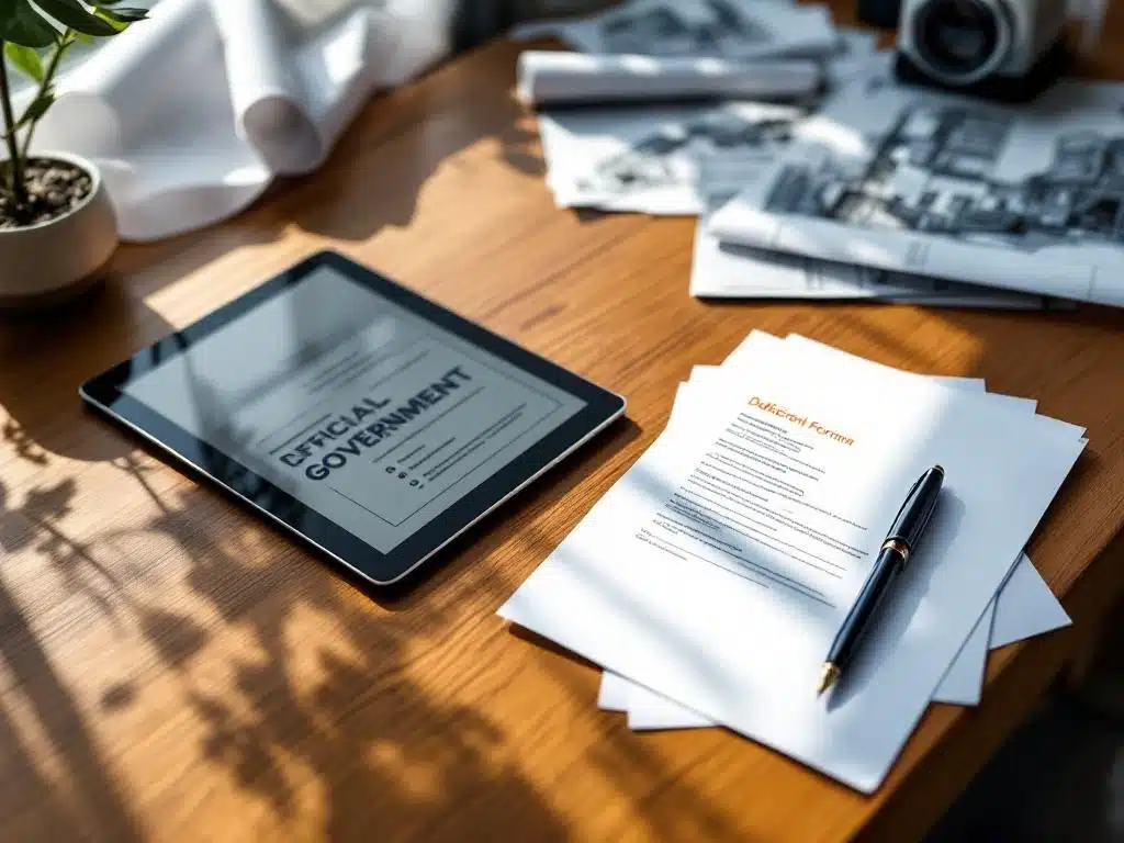 Georganiseerd Nederlands overheidsbureau met officiële documenten, tablet, bouwtekeningen en vulpen op houten tafel