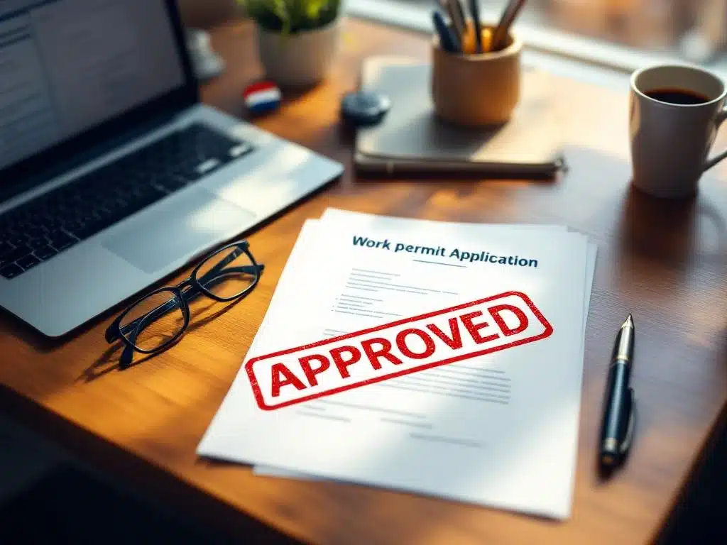 Nederlands werkvergunning document met rode GOEDGEKEURD stempel op bureau met laptop en Nederlandse vlag speld


Note: The alt text is 120 characters including spaces.