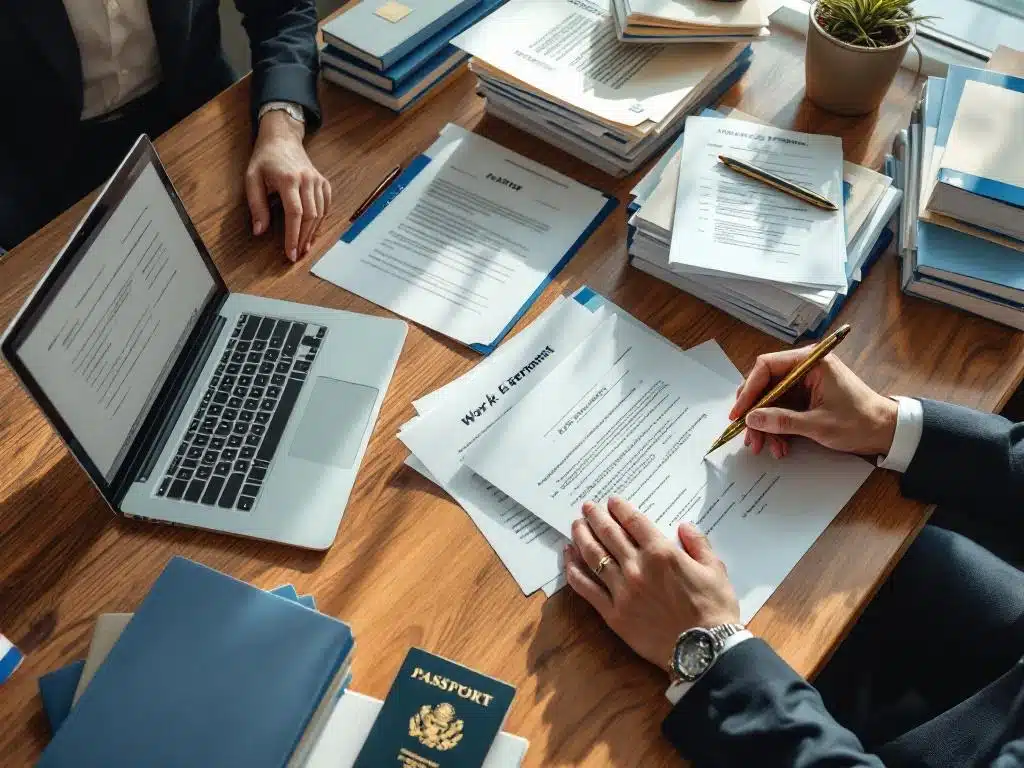 Bovenaanzicht van bureau met Nederlandse werkvergunningsdocumenten, paspoorten en laptop met digitaal formulier
