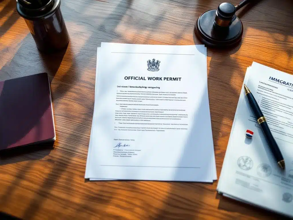 Nederlands werkvergunningsdocument op bureau met paspoort, EU-vlag en stempel voor immigratiediensten


===

This alt text is 109 characters and includes the key elements while staying natural and descriptive in Dutch.