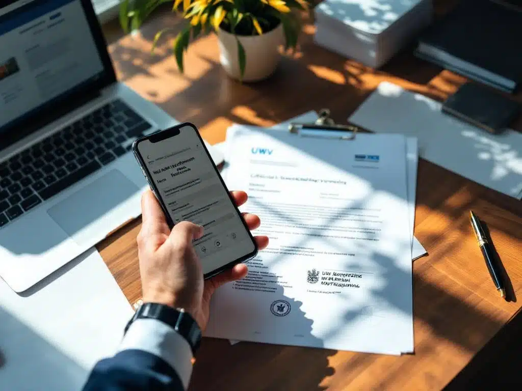 Nederlandse tewerkstellingsvergunning op bureau met smartphone, laptop en immigratiedocumenten