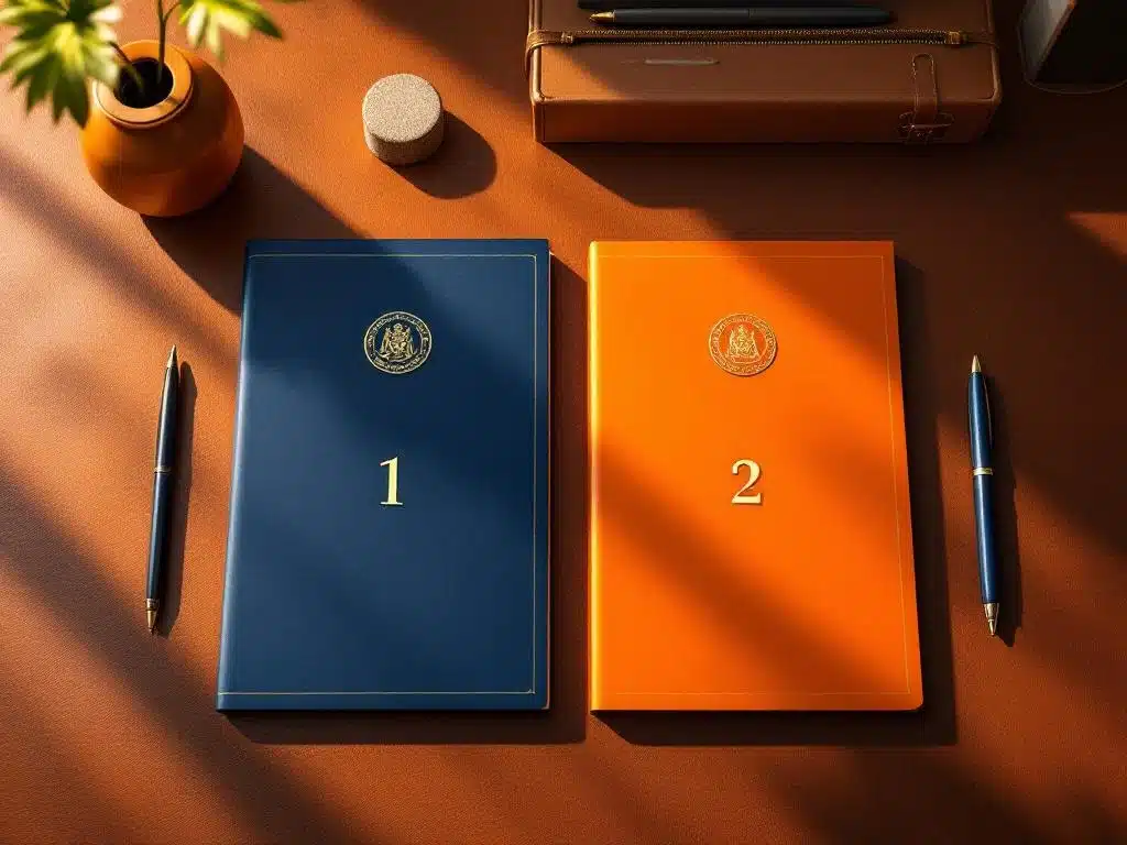 Twee officiële overheidsfolders in Nederlandse kleuren op bureau, genummerd 1 en 2 voor vergunningsprocedure