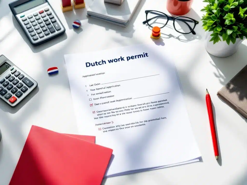 Nederlandse werkvergunning aanvraagformulier op bureau met rode pen, vlag, stempels en calculator